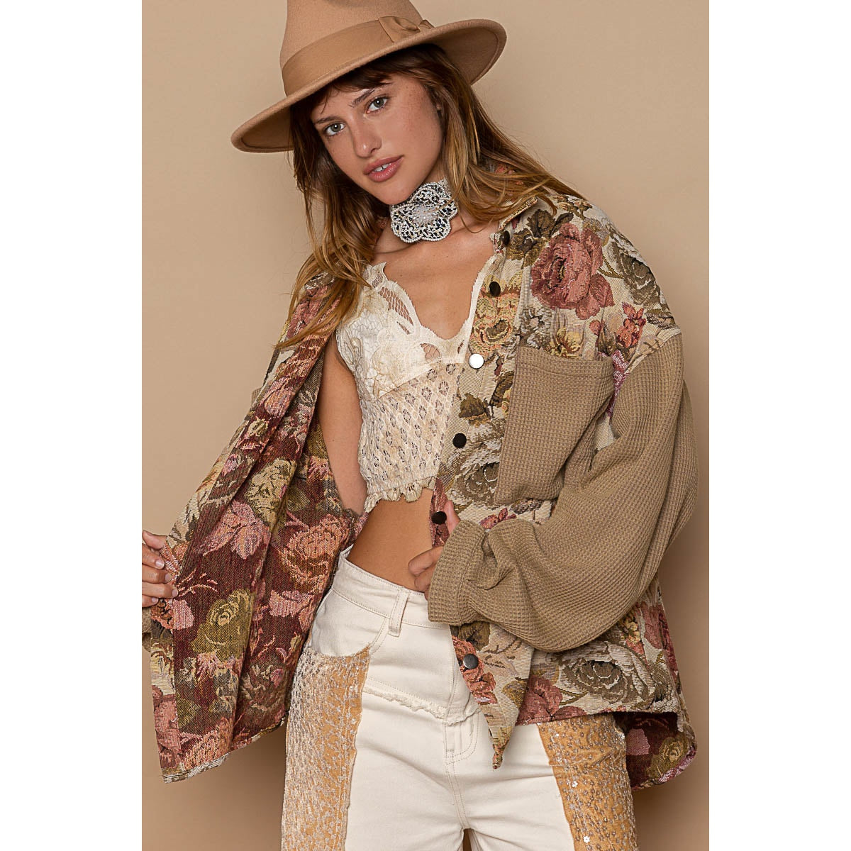 Latte Mocha Contrast Sleeves Button Down Floral Print Shacket