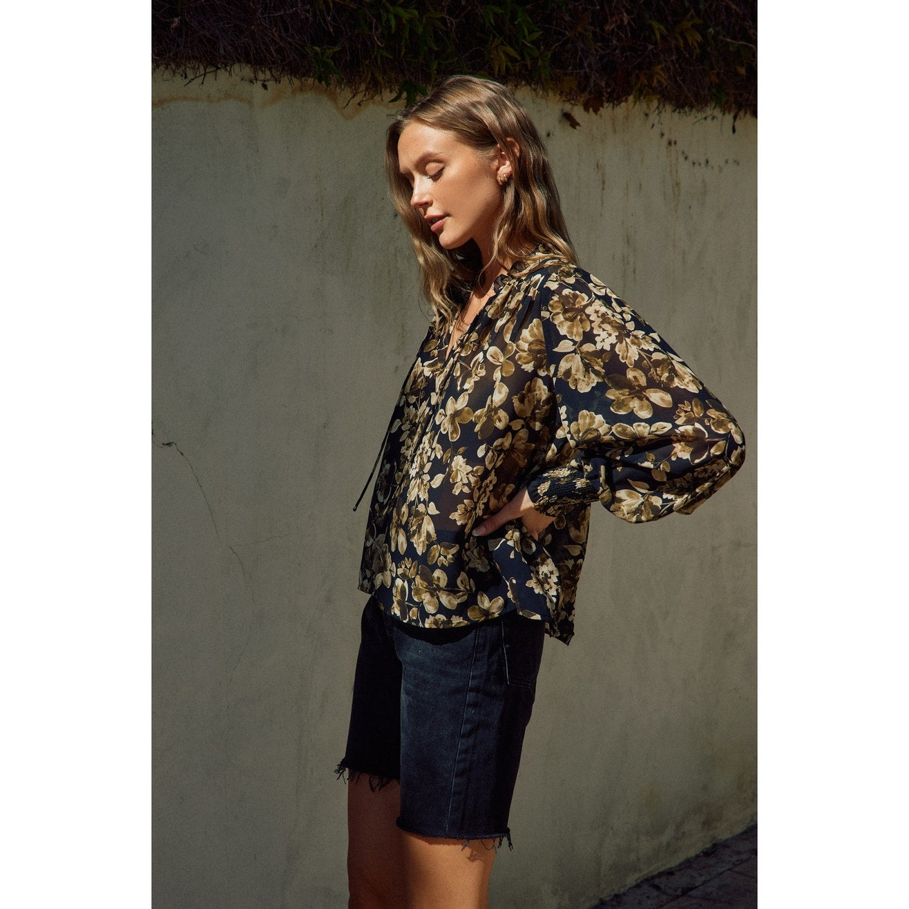 Black Floral Ruffled Neck Blouse