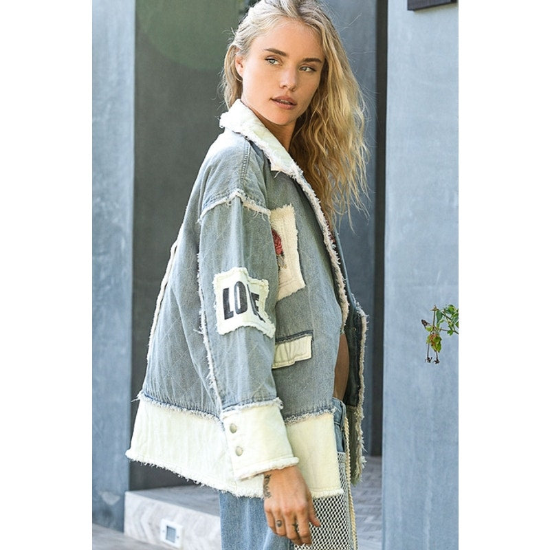 Colorblocked Twill Patch Studded Back Heart Jacket