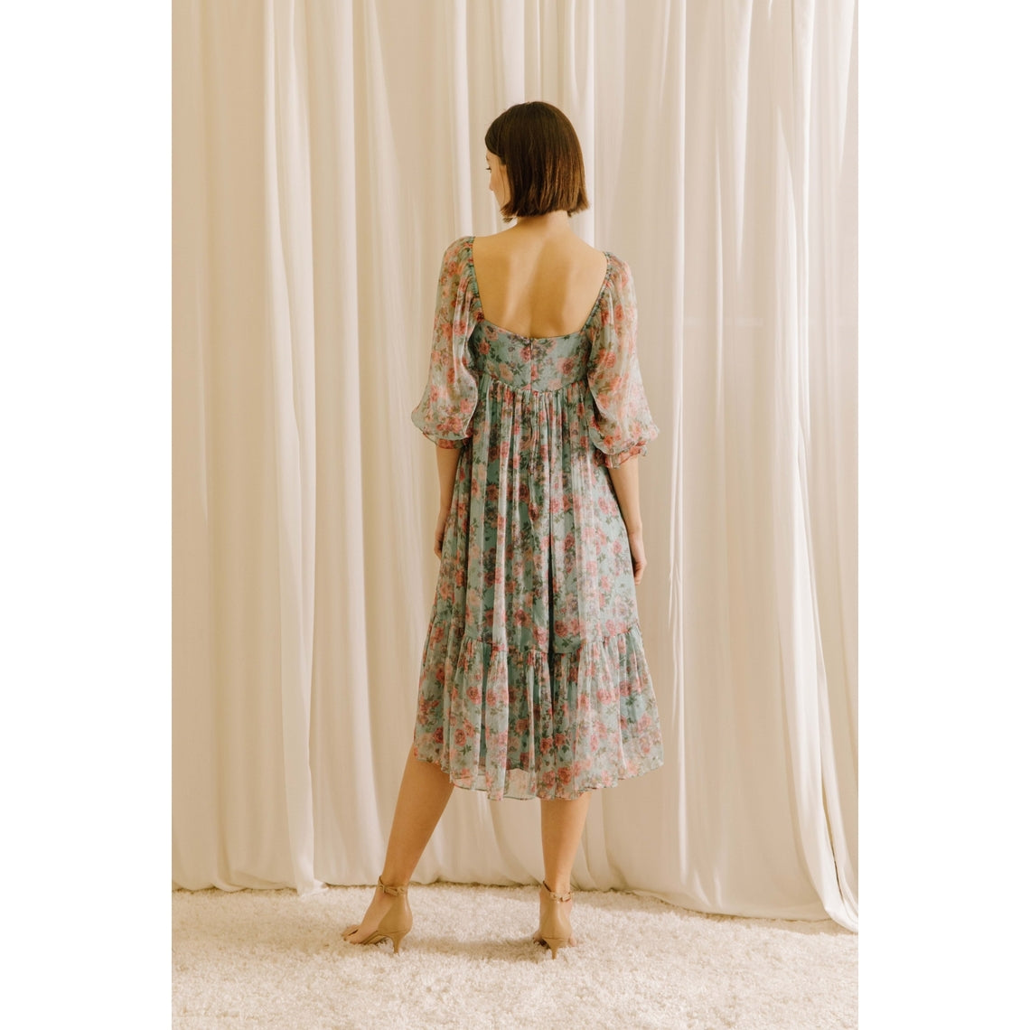 Teal Floral Rose Print Midi Baby Doll Dress