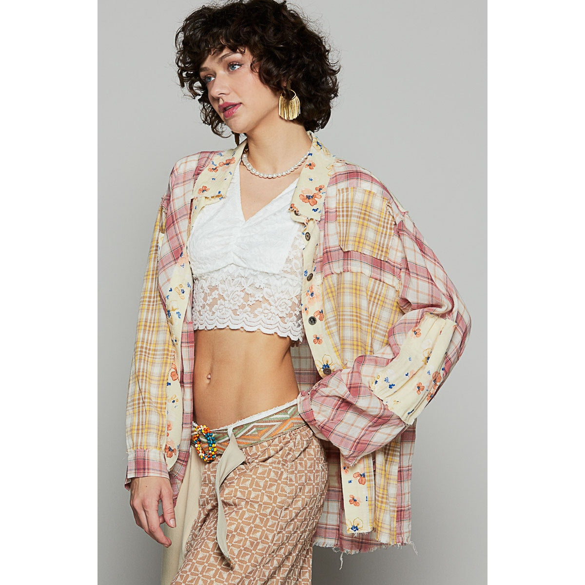 Mauve Full Sleeve Floral Pattern Woven Plaid Shirt