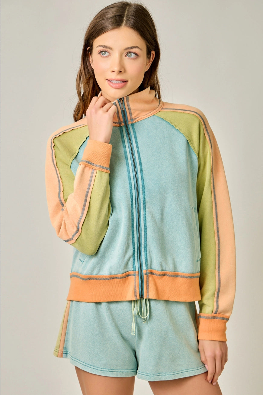 Seafoam Orange Color Block Zipped Up Jacket