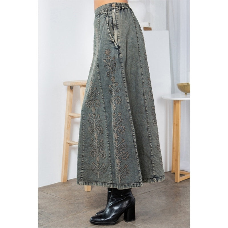 Gravel A-Line High Waist Hand Embroidered Denim Western Maxi Skirt