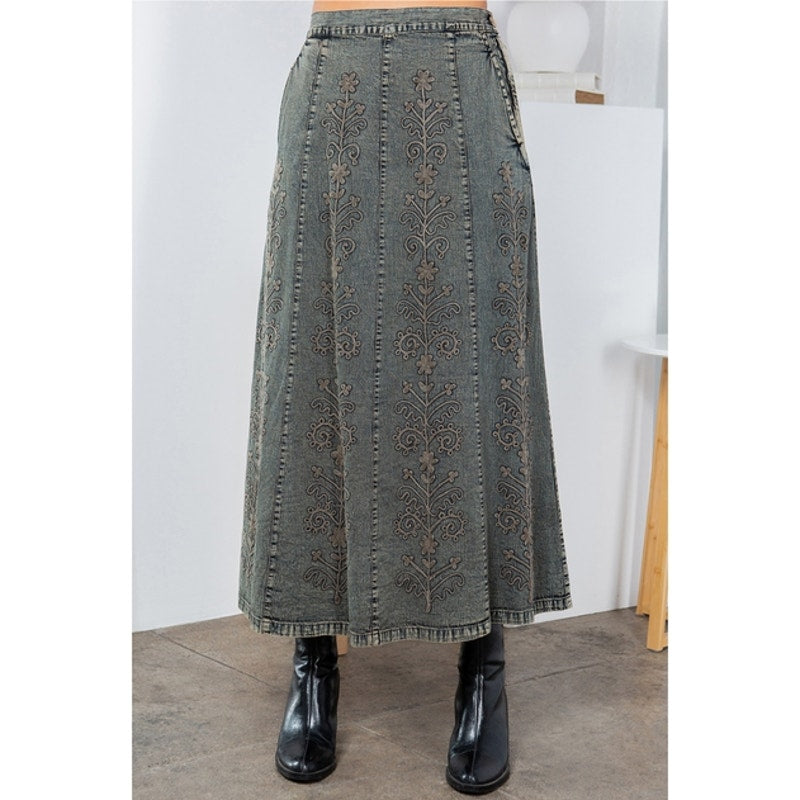Gravel A-Line High Waist Hand Embroidered Denim Western Maxi Skirt