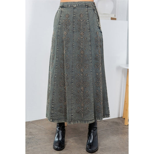 Gravel A-Line High Waist Hand Embroidered Denim Western Maxi Skirt