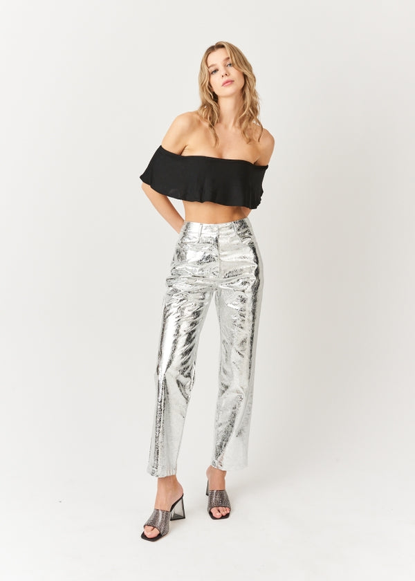 Amy Lynn Lupe High Waist Faux Leather Metallic Textured Pants in Silver