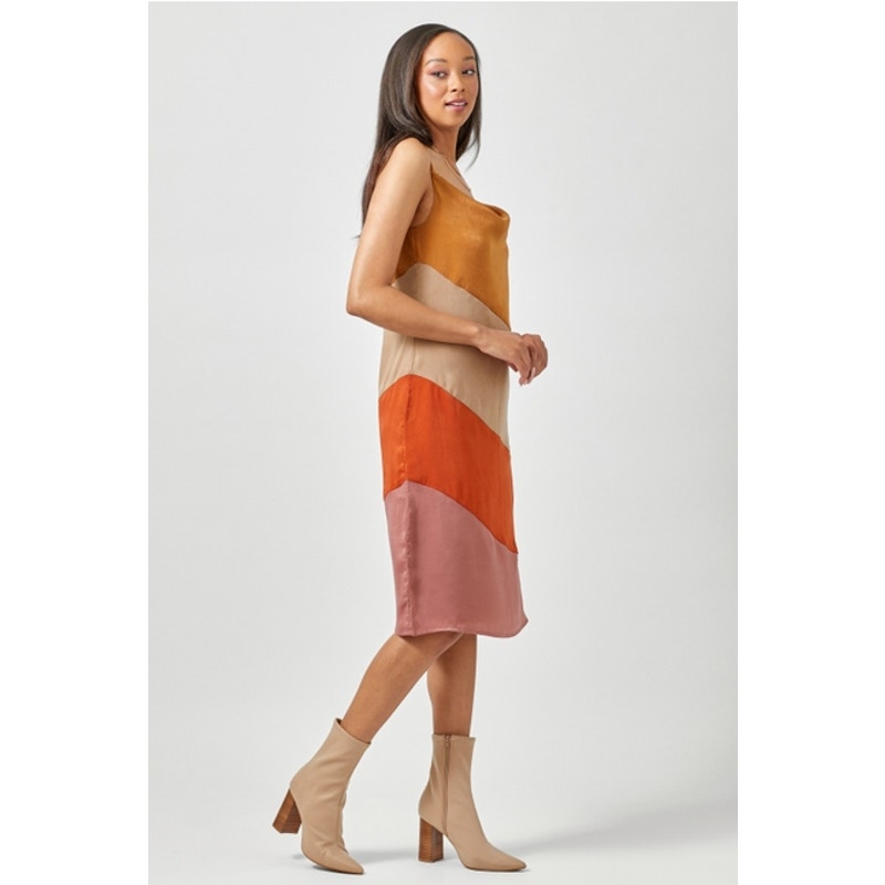 Mystree Size Small Caramel Mix Color Blocked Slip Dress
