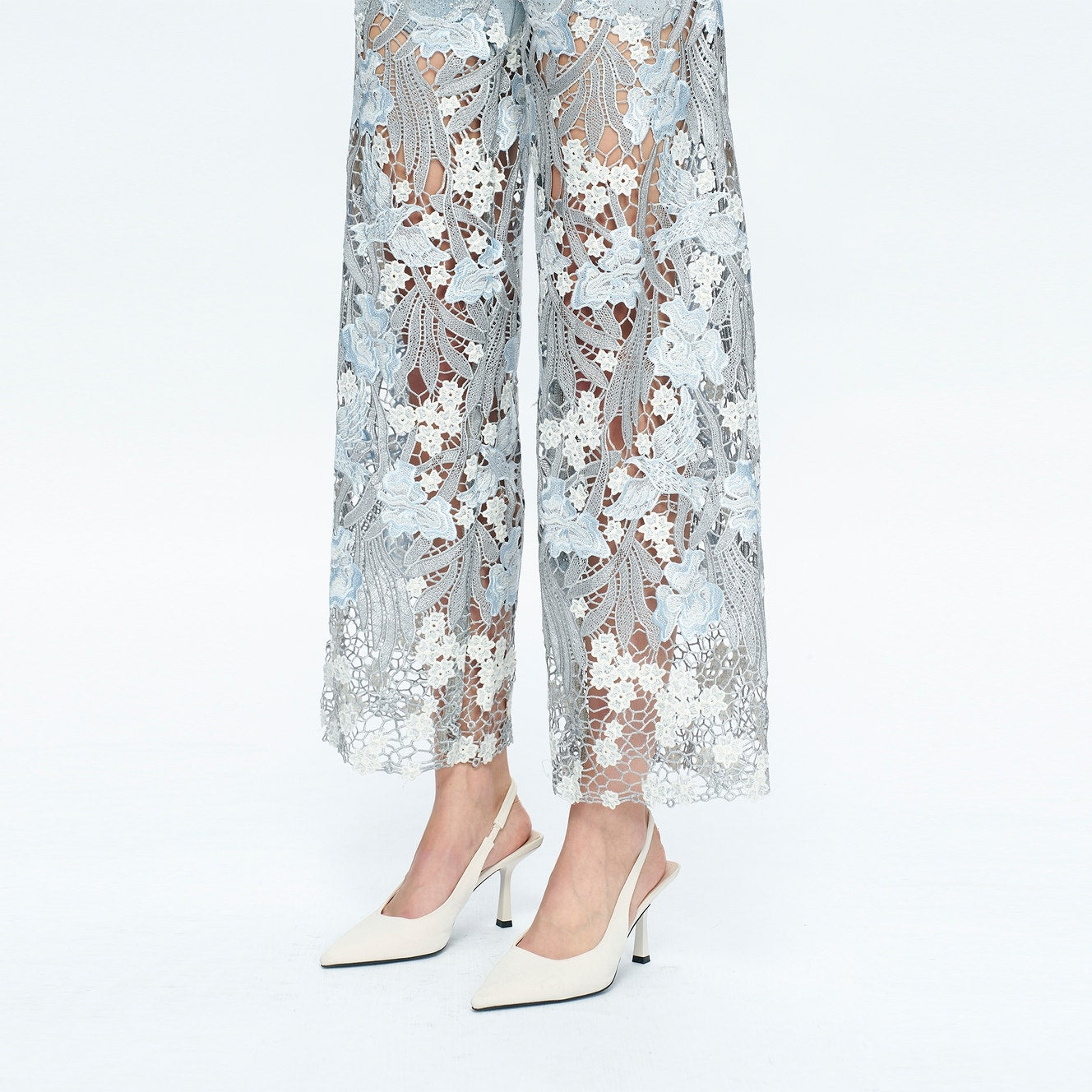 High Rise Wide Leg Jeans with Lace and Rhinestones