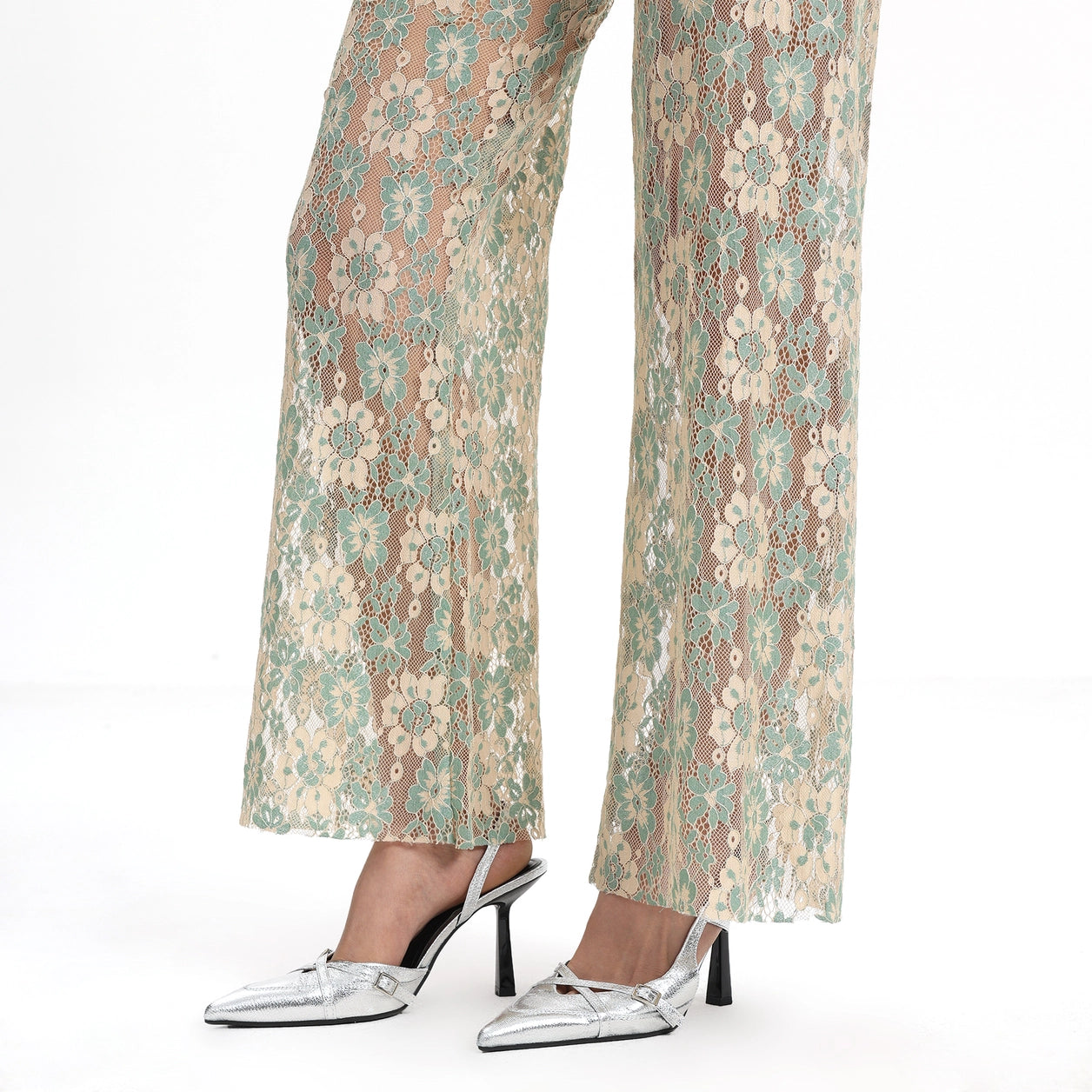 Emerald Green High Rise Lace Pants with Rhinestones