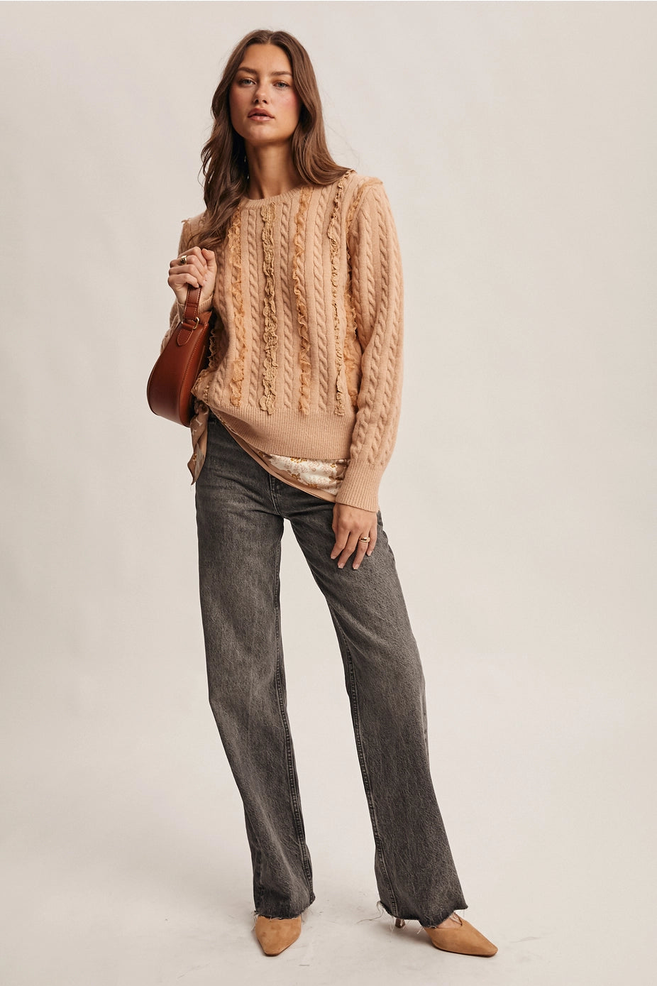 Oatmeal Lace Trim Cable Knit Pullover