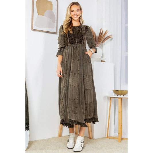 Melodic Enchantment: Stone-Washed Maxi Dress with Velvet