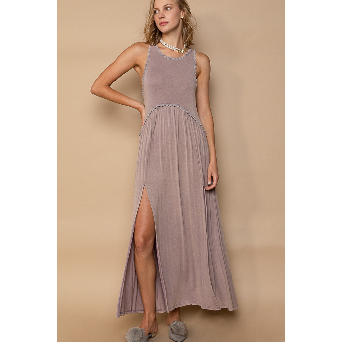 Taupe Grey Sleeveless Raceback Babydoll Front Slit Maxi Dress Taupe Grey Sleeveless Raceback Babydoll Front Slit Maxi Dress