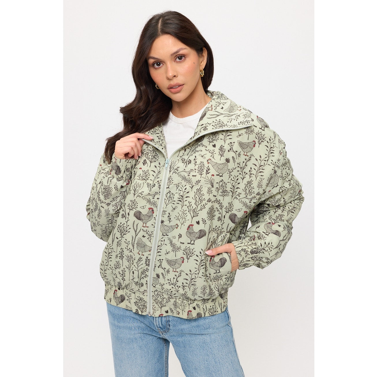 Rooster Floral Print Bomber Puffer Jacket