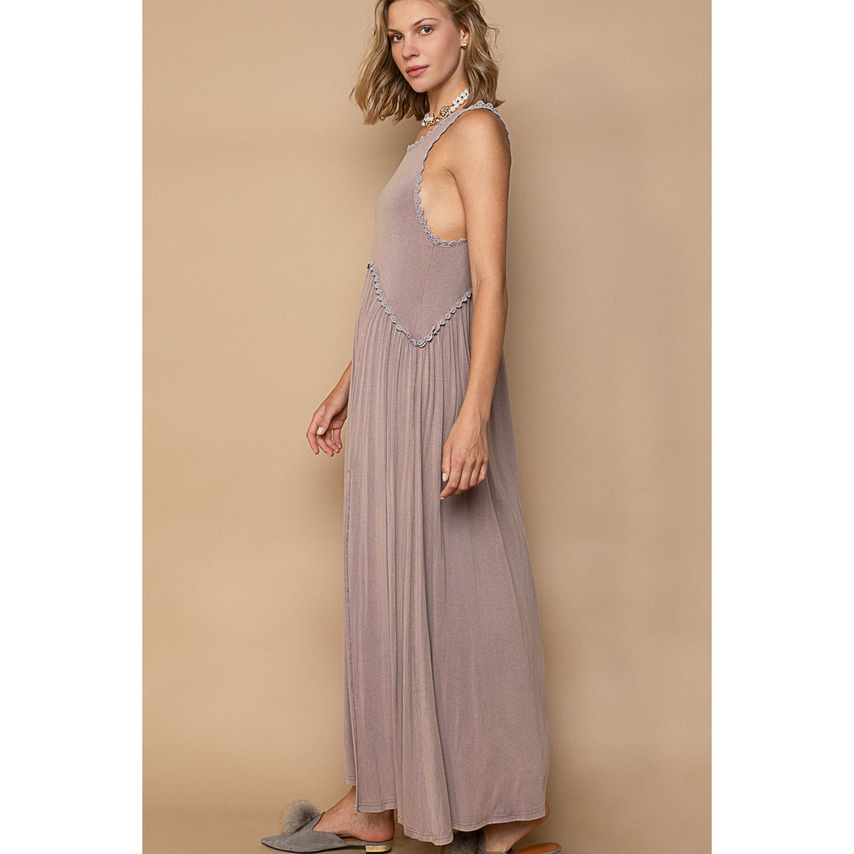 Taupe Grey Sleeveless Raceback Babydoll Front Slit Maxi Dress