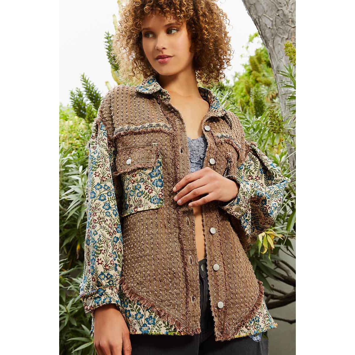 Chocolate Multi Oversized Jacquard Tapestry Button Down Floral Print Shacket