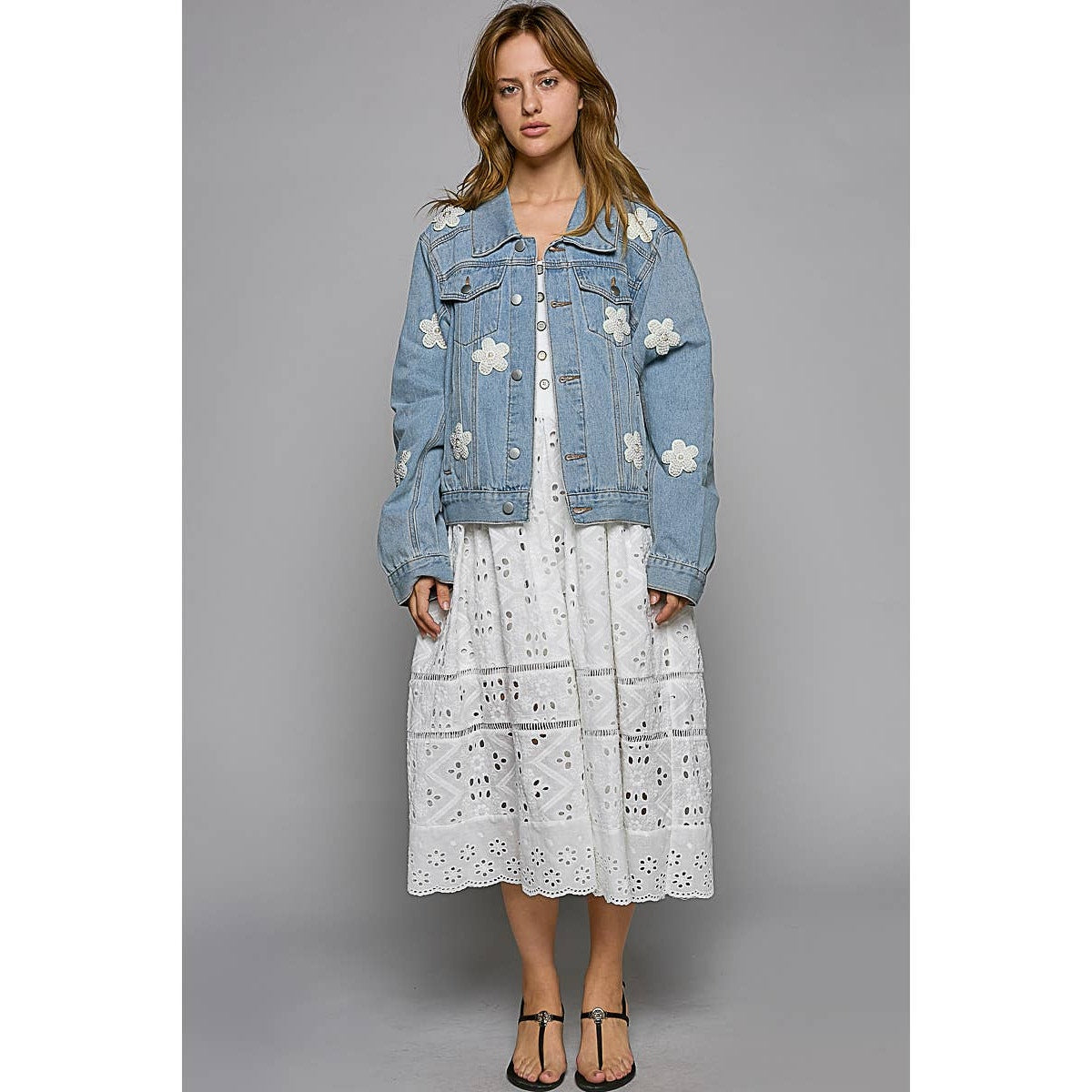 Pearl Flower Patch Denim Jacket