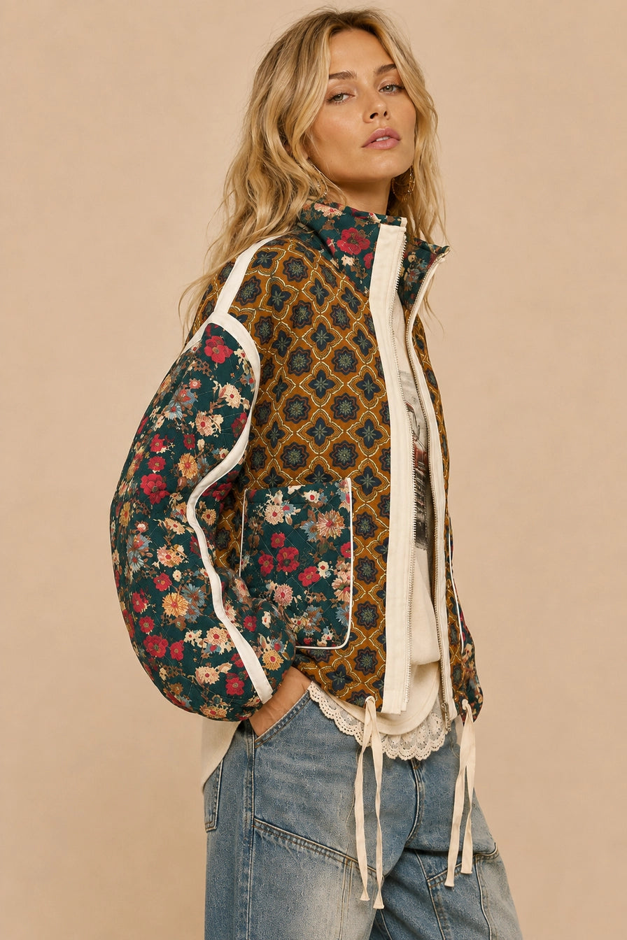 Marigold Garden Patchwork Quilted Bomber Jacket
