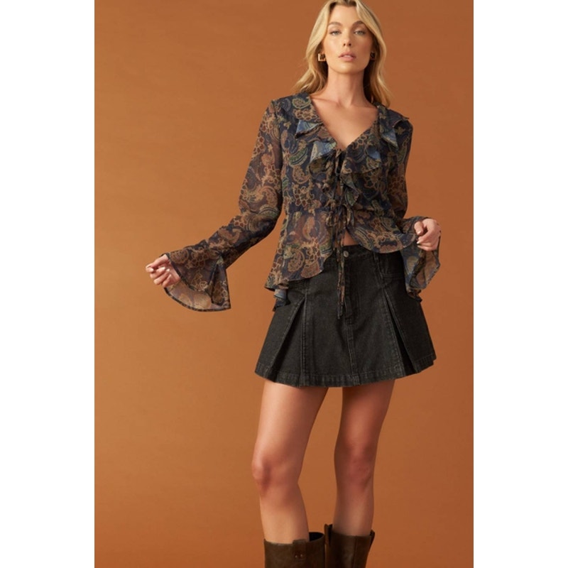 Paisley Tie Front Ruffled Peplum Blouse