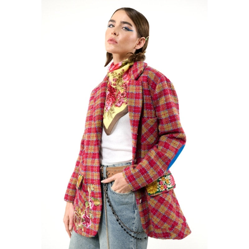 Chaqueta blazer Aratta con forro de bouclé de coco y camello fucsia