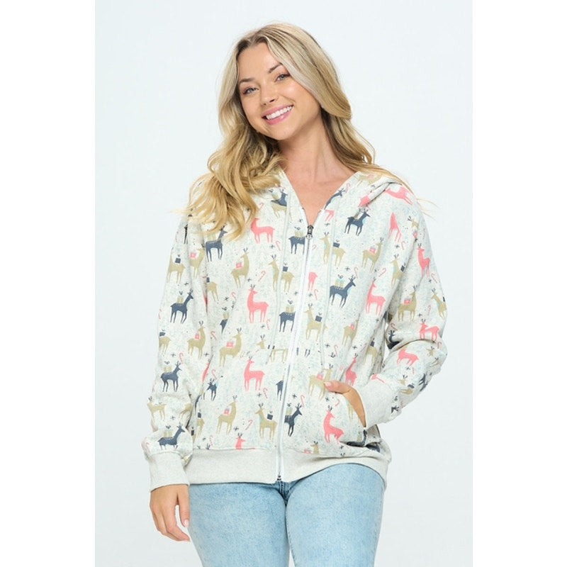 Colorful Reindeer Print Zip Up Hoodie