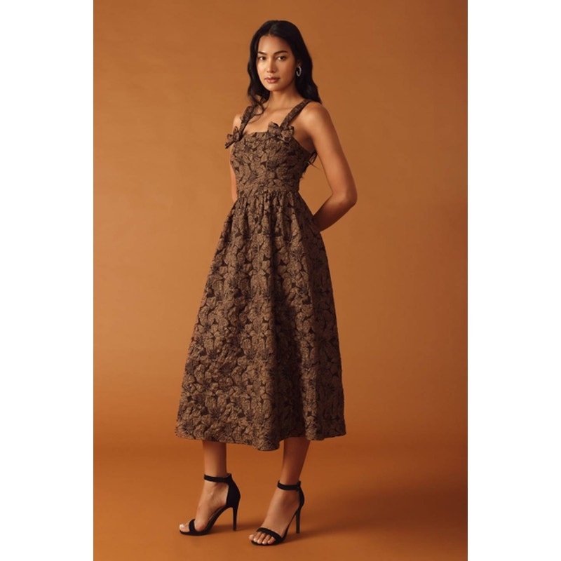 Textured Floral Bow Straps Brown Midi Dress