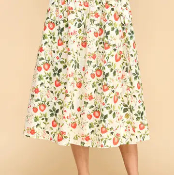 Strawberry Print High Waist Ruffle Midi Skirt