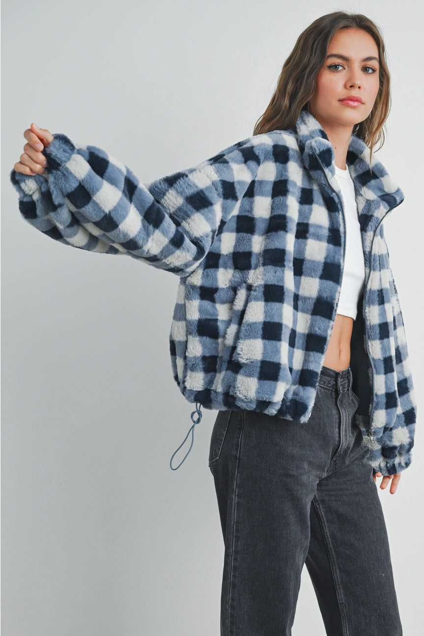 Picnic Drop Shoulder Plaid Fuzzy Jacket