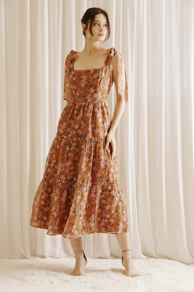 Caramel Rose Print Romantic Midi Dress