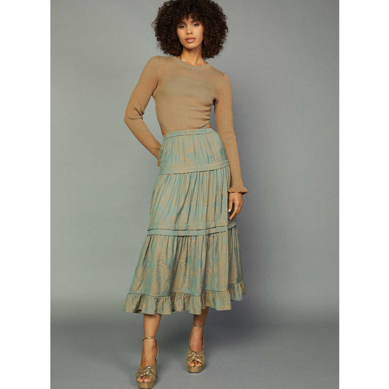 Sand Seafoam Mixed Media Cutout Knit Midi Dress