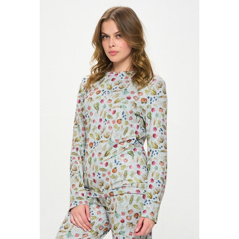 Top tipo jersey de cuello redondo y manga larga con estampado de verduras