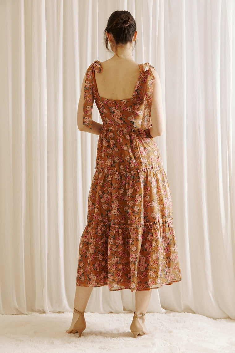 Caramel Rose Print Romantic Midi Dress