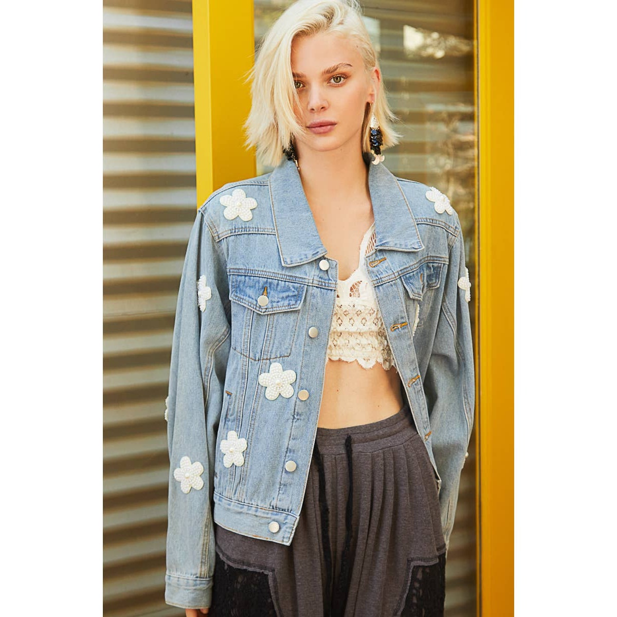 Pearl Flower Patch Denim Jacket