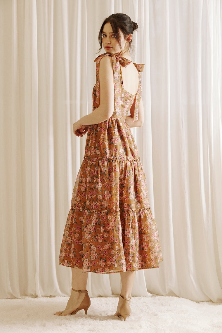 Caramel Rose Print Romantic Midi Dress