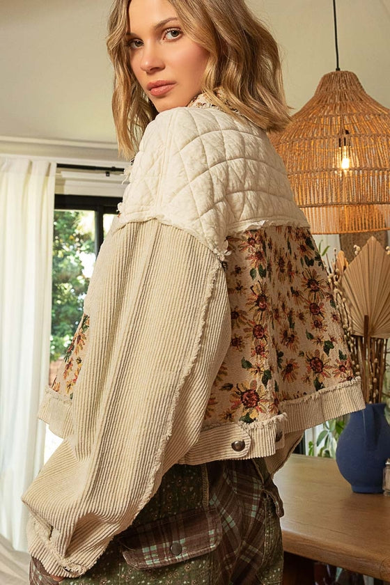 Chaqueta de pana con botones y jacquard con paneles acolchados en contraste
