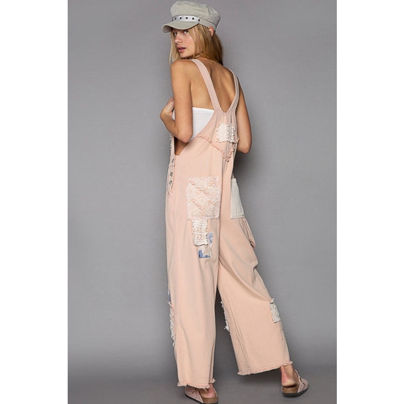 Salmon Pink Crochet Patchwork Detail Casual Denim Overalls
