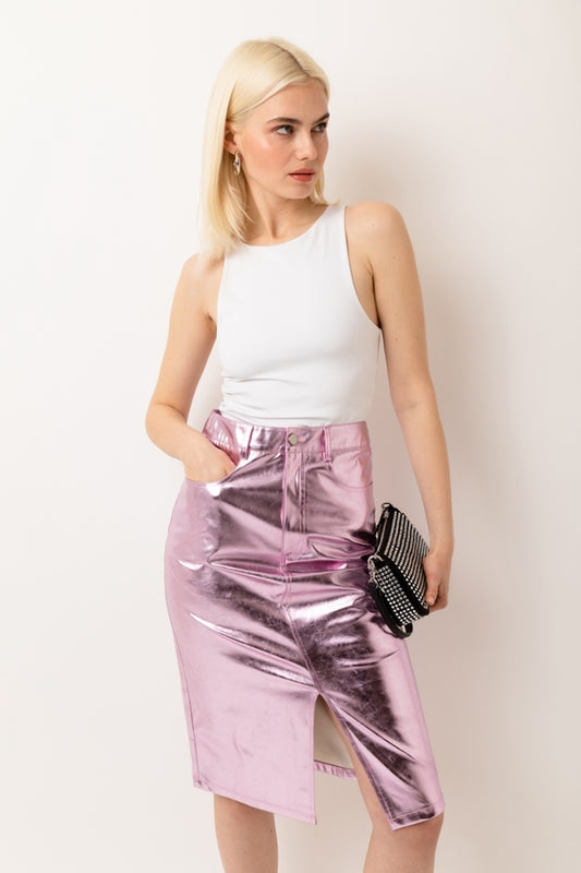 Amy Lynn Lupe High Waist Metallic Knee Length Skirt in Pink
