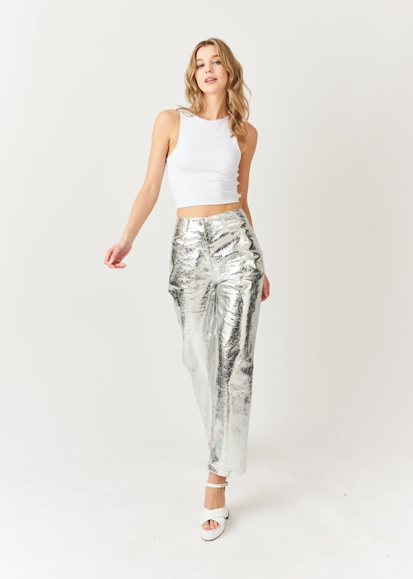Amy Lynn Lupe High Waist Faux Leather Metallic Textured Pants in Silver
