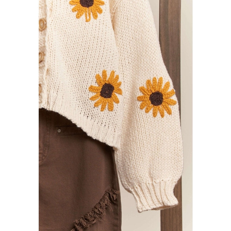 Cárdigan con cuello en V y botones con bordado de girasoles