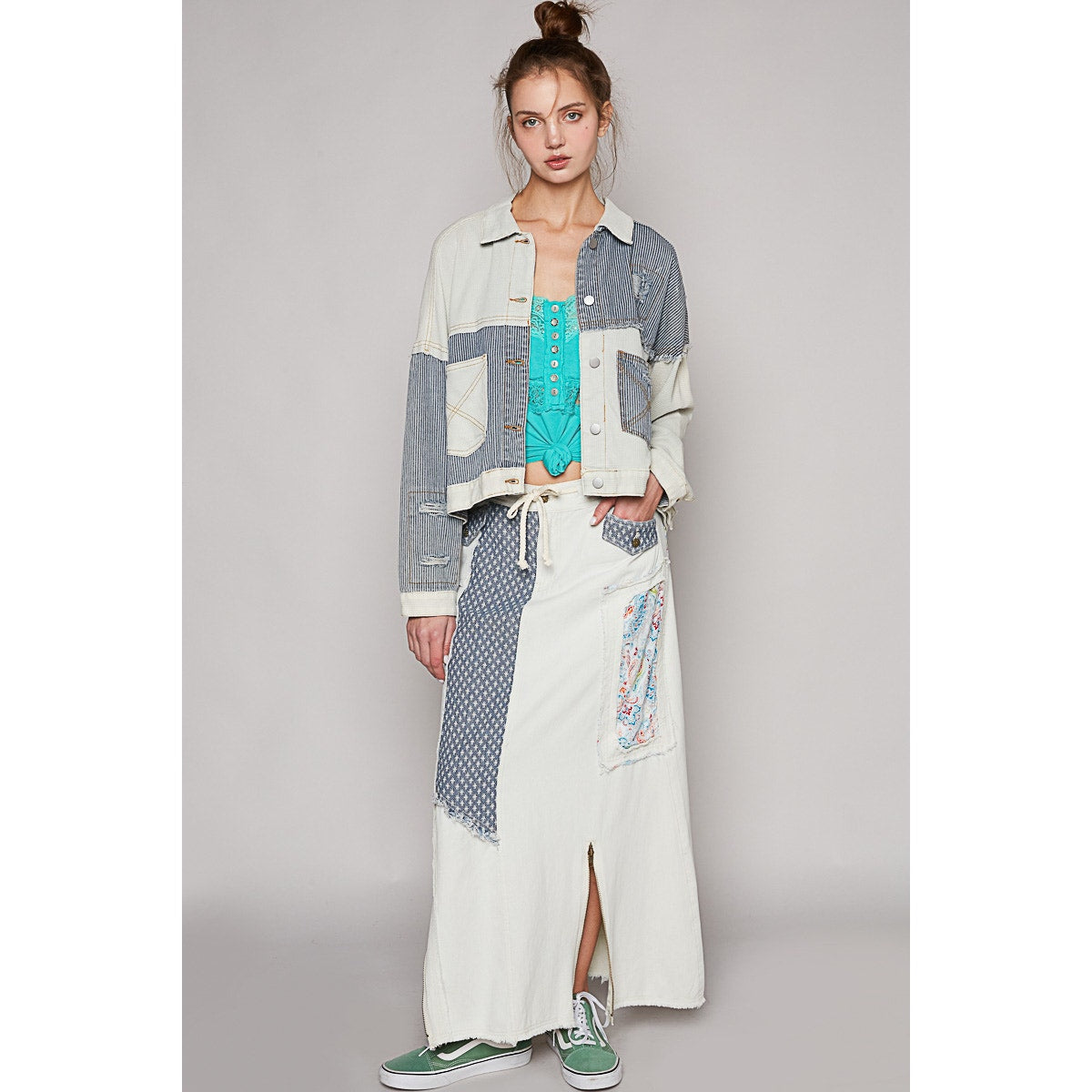 Ivory Multi Pinstripe Oversized Distressed Patchwork Jacket
