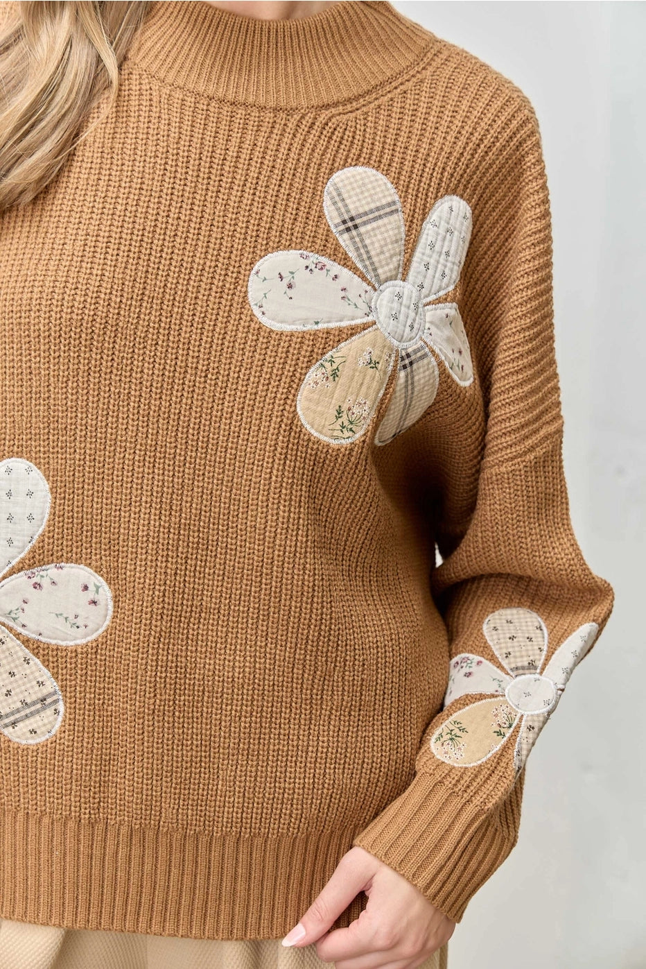 Camel Flower Patchwork Embroidered Sweater