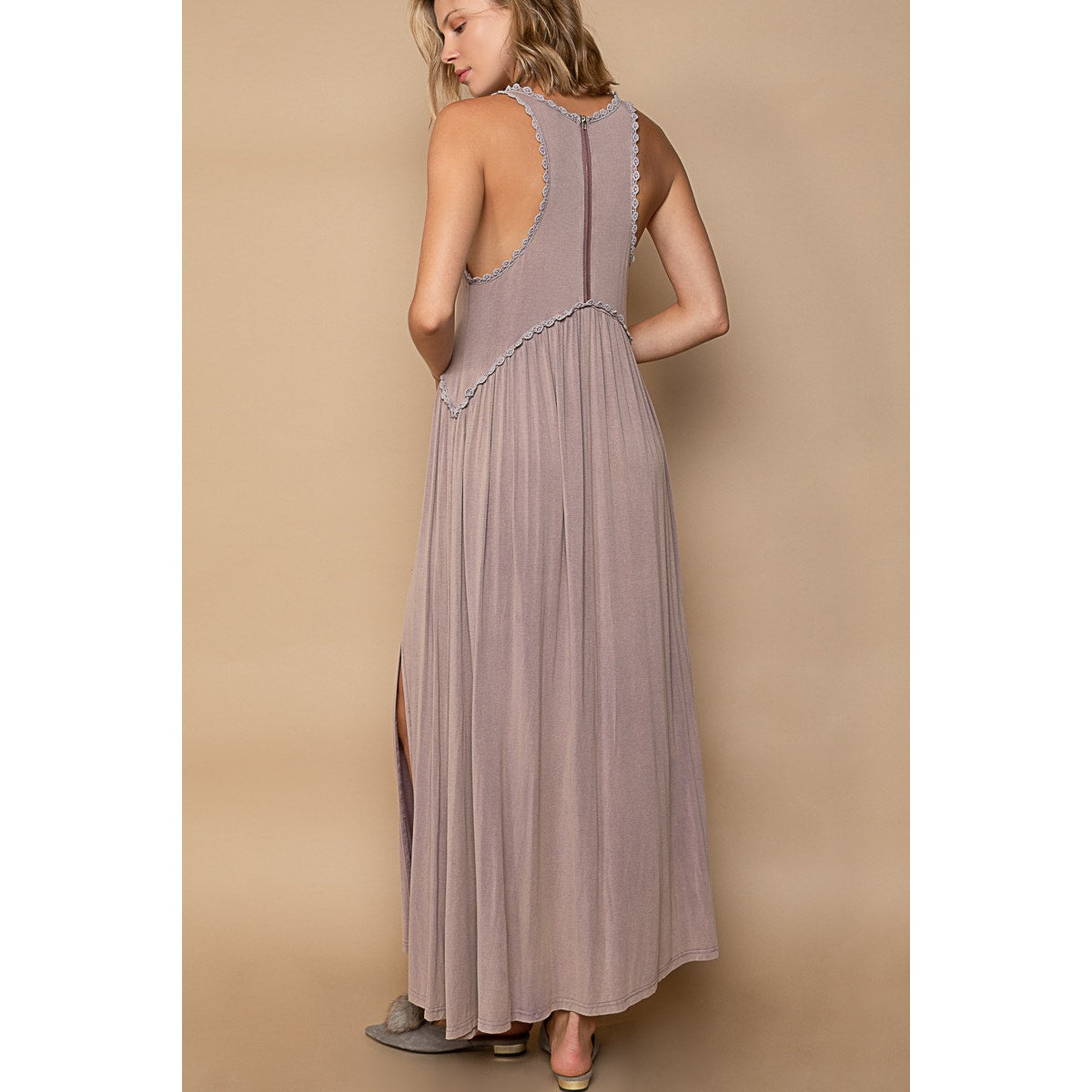 Taupe Grey Sleeveless Raceback Babydoll Front Slit Maxi Dress