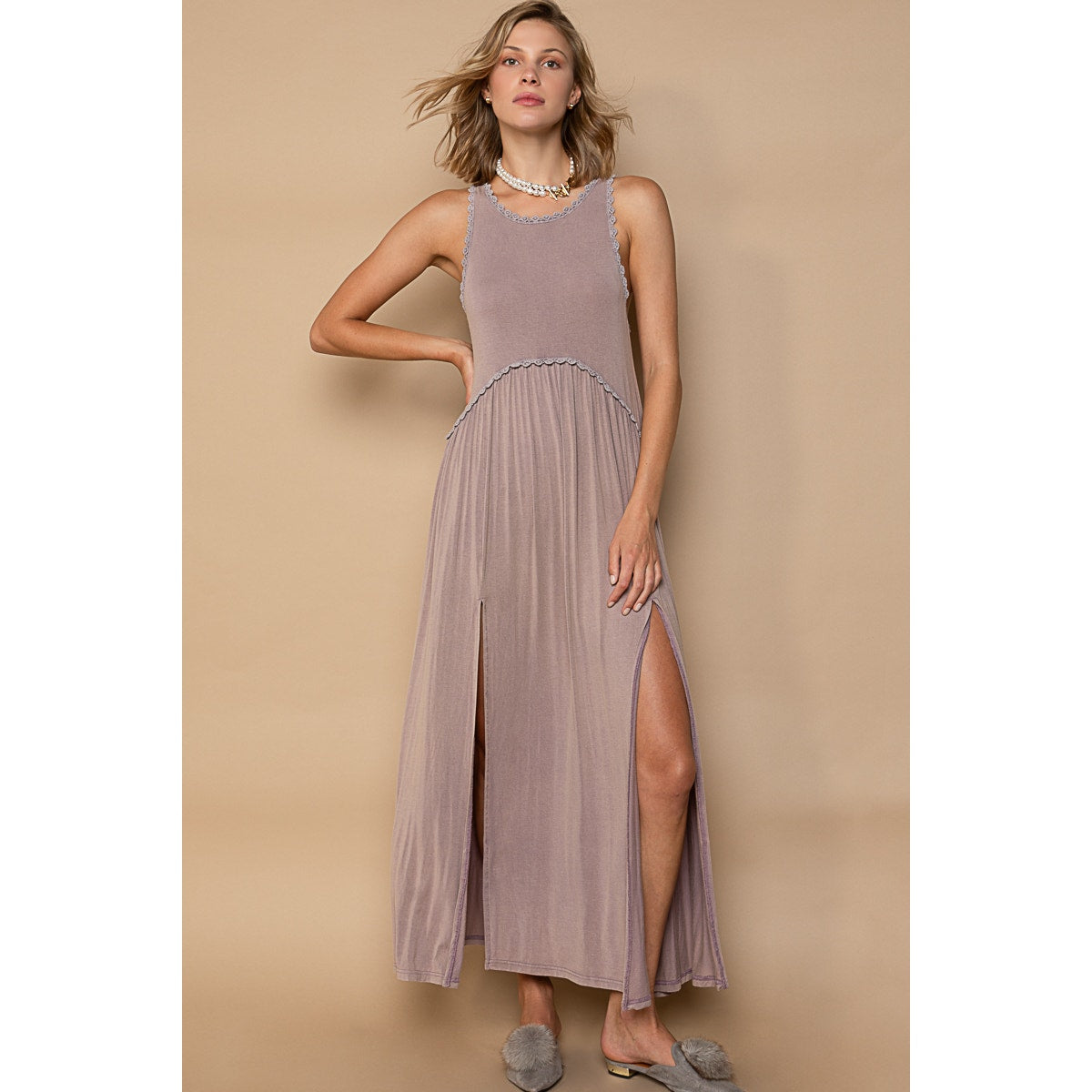 Taupe Grey Sleeveless Raceback Babydoll Front Slit Maxi Dress