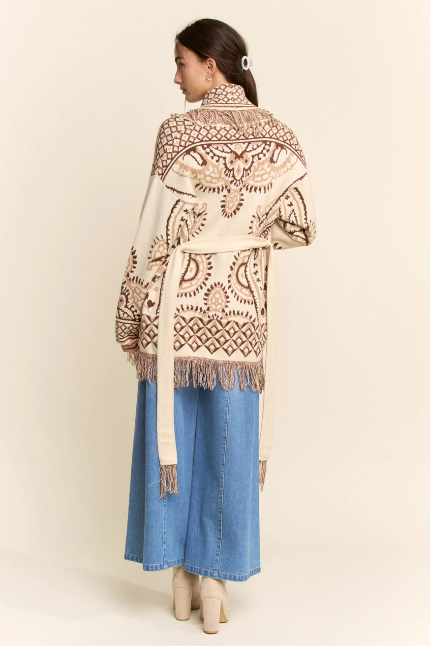 Fringe Trim Jacquard Knit Belted Cardigan