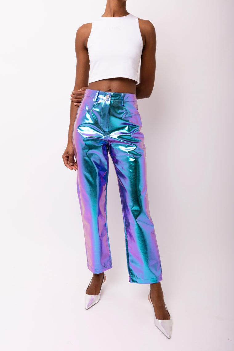 Amy Lynn Lupe Mid Rise Straight Faux Leather Metallic Trouser in Ombre