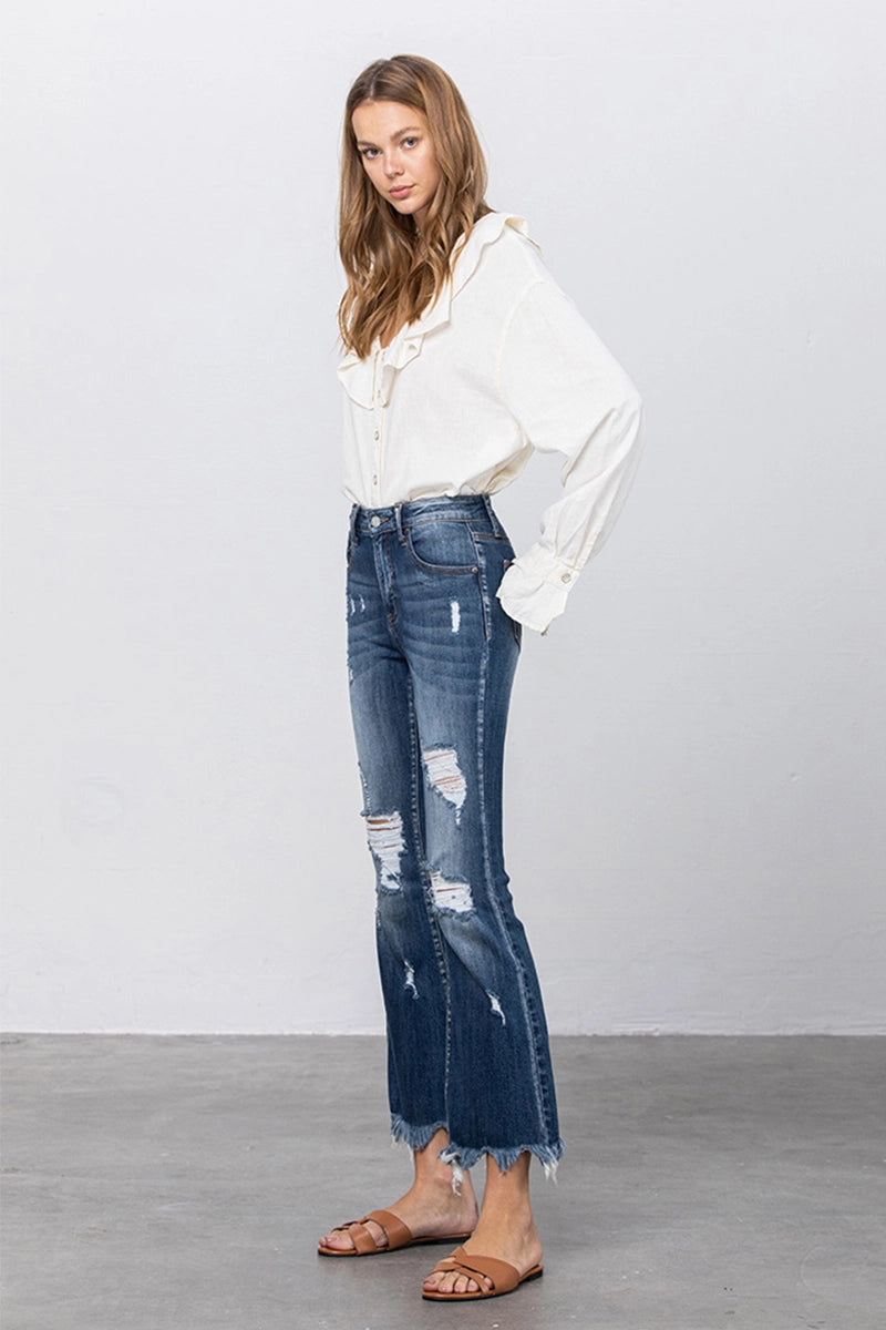 Insane Gene High Stretch Mid Rise Frayed Hem Distressed Crop Flare Jeans