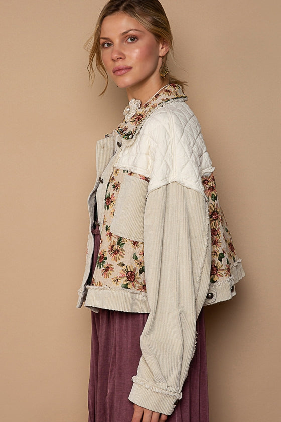 Chaqueta de pana con botones y jacquard con paneles acolchados en contraste