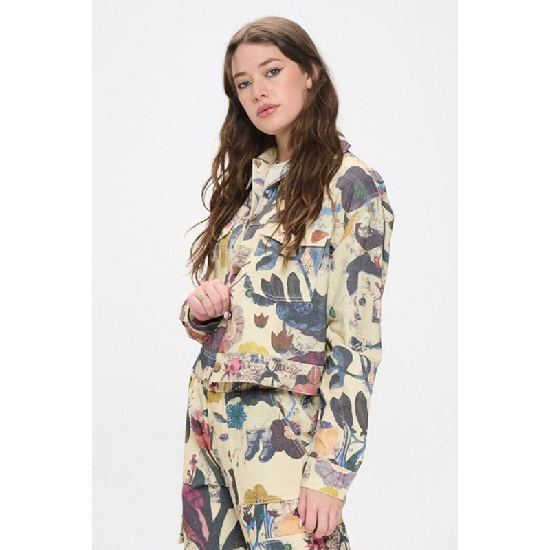 Botanical Print Button Down Denim Jacket