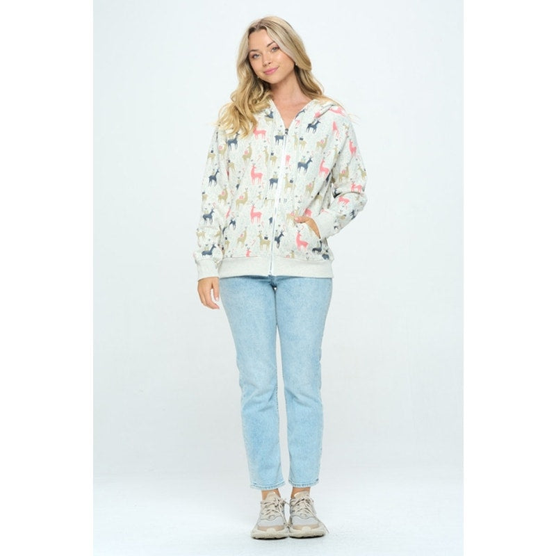 Colorful Reindeer Print Zip Up Hoodie