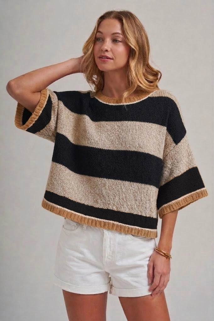 Oatmeal / Black Wide Stripe Drop Shoulder Sweater