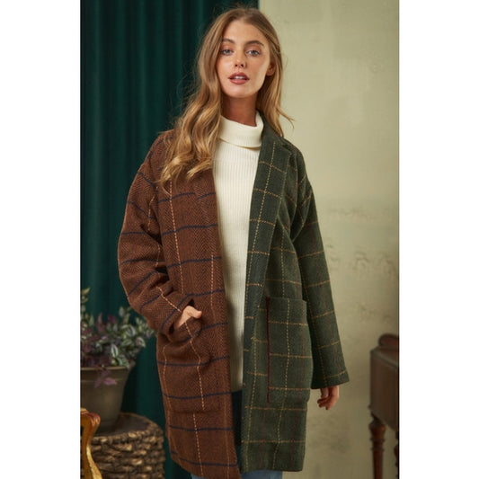 Manteau long à carreaux bicolores marron et olive